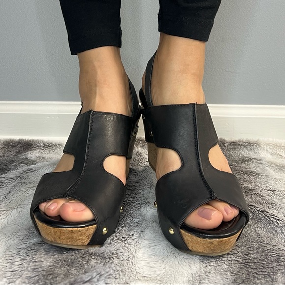 Kenneth Cole Reaction Black Leather Cork Wedges Size 8 - Picture 3 of 9